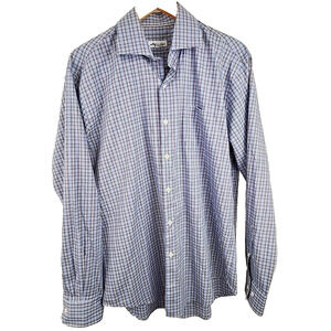 Peter Millar Large Long Sleeve Button Up Blue Plaid Shirt Quality